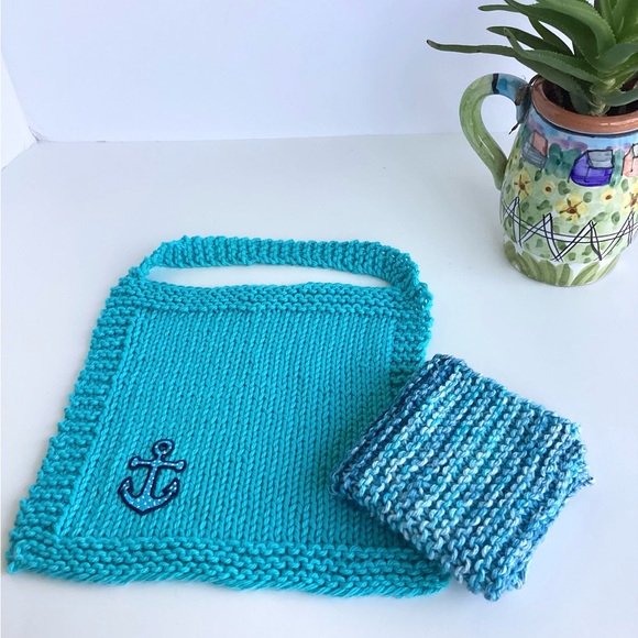 Hand Crafted Other - Baby Bib Set Hand Crafted Washcloth Blue Cotton Knit Anchor